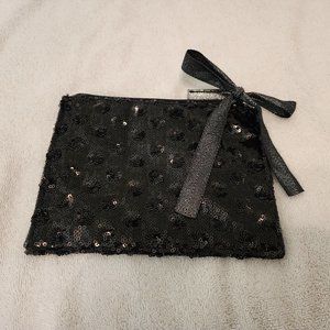 Elegant sequin black Ann Taylor Loft envelope clutch with zipper enclosure & tie